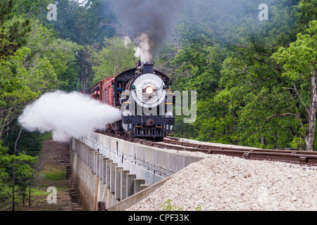 Blowdown dal 1917 Baldwin 'Pershing' 2-8-0 Locomotiva a motore a vapore Consolidation 300, attraversando il Neches River Bridge, vicino a Rusk, Texas. Foto Stock