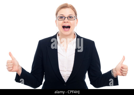 Felice di giovani entusiasti imprenditrice Thumbs up, isolati su sfondo bianco. Foto Stock