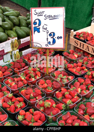 Le fragole per la vendita di frutta e verdura di stallo di mercato, Cambridge, Regno Unito Foto Stock