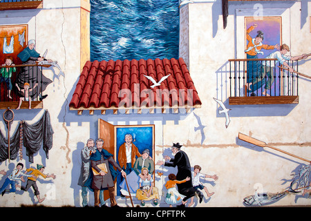 Arte Murale Sutileza con scene di pescatori Santander Cantabria Spagna Foto Stock