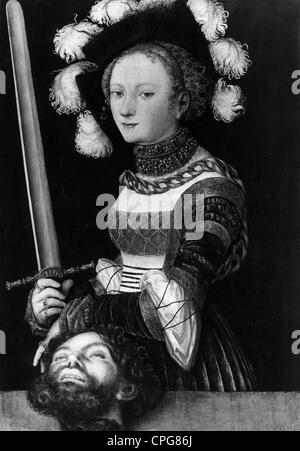 Judith, protagonista del libro omonimo appartenenti al vecchio testamento: "Giuditta con la testa di Oloferne" da Lucas Cranach il Vecchio, 1472 - 1553, l'artista del diritto d'autore non deve essere cancellata Foto Stock
