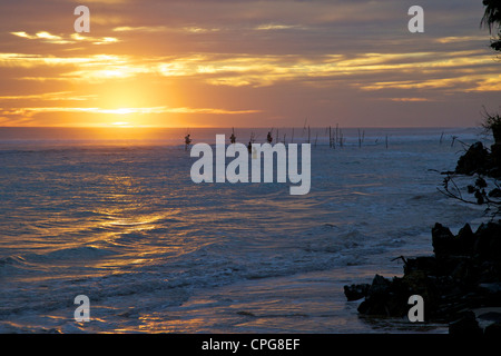 Stilt pescatori a Weligama, South Coast, Sri Lanka, Asia Foto Stock