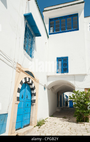 Sidi Bou Said, Tunisia - tipiche case bianche e blu le porte. Foto Stock