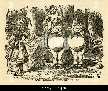 Circa 1910s edizione di Alice nel Paese delle Meraviglie. Tweedledum e Tweddledee da John Tenniel. Foto Stock