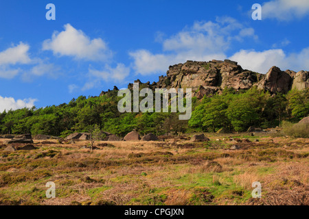 Il Roaches gritstone dorsale nei pressi di porro, il Parco Nazionale di Peak District, Staffordshire, Inghilterra, Regno Unito. Foto Stock