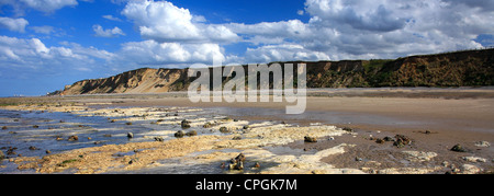 La spiaggia di sabbia e scogliere a East Runton Beach sul modo Peddars North Norfolk sentiero costiero, Costa North Norfolk, Inghilterra, Regno Unito Foto Stock