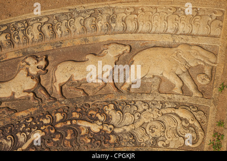 Lion, bull e elefante in dettaglio dalla pietra di luna, Mahasena's Palace, sito Patrimonio Mondiale dell'UNESCO, Anuradhapura, Sri Lanka, Asia Foto Stock