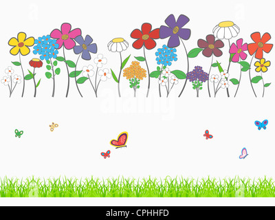 Sfondo - cartoon floreale impostato con fiori, erba e farfalle Foto Stock