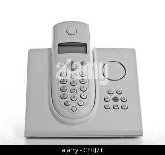 White telefono cordless con segreteria telefonica su sfondo bianco Foto Stock