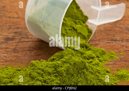 Polvere di wheatgrass spargimento di una plastica misurino contro grunge Sfondo legno Foto Stock