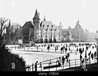 Pista di pattinaggio su ghiaccio nella parte anteriore del Castello di Vajdahunyad, 1929 Foto Stock