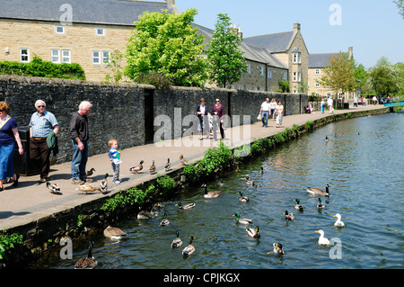 Bakewell antica città mercato nel quartiere di picco del Derbyshire England.dar da mangiare alle anatre. Foto Stock