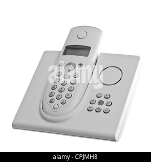 White telefono cordless con segreteria telefonica isolate su sfondo bianco Foto Stock