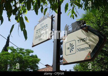 Stilizzata segni street nella città vecchia di Rosh Pina. Galilea superiore. Israele. Foto Stock