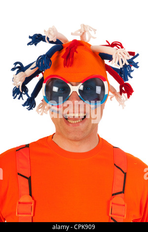 Funny olandese calcio arancione sostenitore isolato su sfondo bianco Foto Stock