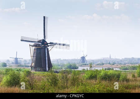 Paesaggio di campagna con mulini a vento a Kinderdijk, Paesi Bassi sul giorno nebuloso in primavera Foto Stock