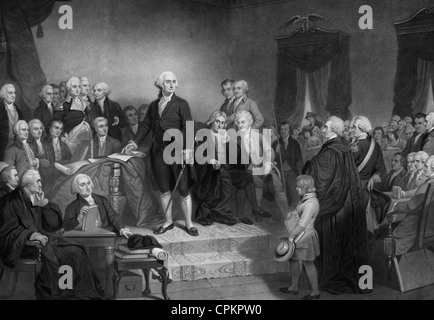 Washington offrendo il suo discorso inaugurale aprile 1789, nella città vecchia Hall di New York City Foto Stock