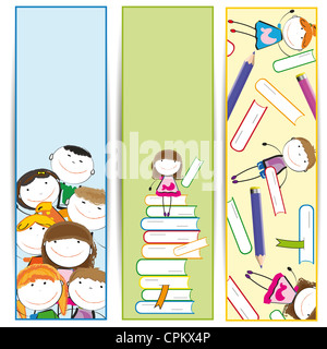 Contenti i bambini e banner colorati con matite colorate Foto stock - Alamy