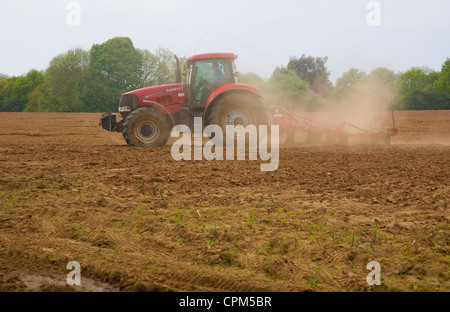Trattore rosso straziante Shottisham campo, Suffolk, Inghilterra Foto Stock
