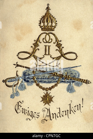 Ludwig II, 25.8.1845 - 13.6.1886, re di Baviera, suo monogramma, 'Ewiges Andenken!', cartolina, Germania, circa 1900, Foto Stock