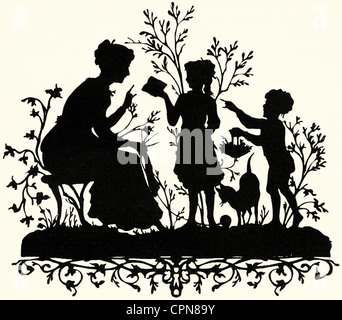 Kitsch/cards/souvenir, silhouette, madre ottiene regali dai suoi bambini, rottame-picture, Germania, 1887, Additional-Rights-clearences-not available Foto Stock