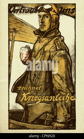 Prima guerra mondiale / prima guerra mondiale, pubblicità per il legame di guerra, aviatore in tuta volante, slogan: 'Vertraut uns zeichnet Kriegsanleihe' (Trust us, subscribe war bond), Germania, circa 1916, Additional-Rights-clearences-not available Foto Stock