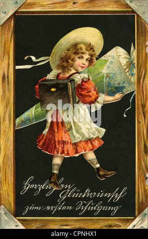 Pedagogia, scuola, primo giorno scolastico, scolastica con schultuete, auguri per il primo giorno di scuola, litografia, cartolina, Germania, circa 1924, diritti aggiuntivi-clearences-non disponibile Foto Stock