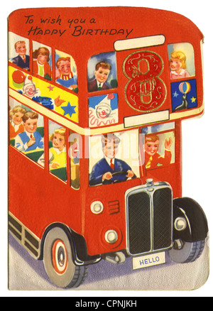 Kitsch/cards/souvenir, 'per augurarvi un buon compleanno', biglietto di compleanno, per l'ottavo compleanno, autobus a due piani, bambini, Gran Bretagna, circa 1947, diritti aggiuntivi-clearences-non disponibile Foto Stock