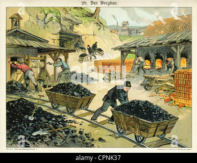 Estrazione mineraria, estrazione del carbone, grafico illustrato per bambini, immagini per la lezione-oggetto, lavoratore minerario durante il lavoro, incisione del legno colorato, Germania, circa 1885, diritti-aggiuntivi-clearences-non disponibile Foto Stock