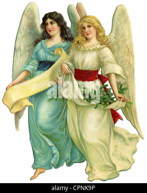 Natale, angelo di Natale, due angeli con banderole, litografia, Germania, circa 1890, diritti aggiuntivi-clearences-non disponibile Foto Stock