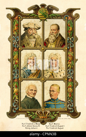 Federico III 'il saggio', 17.1.1486 - 5.5.1525, ritratto, con Principe Elettore Maurice, 1521-1553, Principe Elettore Johann Georg III, 1647-1691, Principe Elettore Federico i Agosto, Augusto Il Forte, 1670-1733, Re Giovanni, 1801-1873, Principe Federico Agosto, poi Re Federico III Agosto, 1865-1932, ritratti di famosi re elettori e principe sassone Casa di Wettin, litografia, Germania, 1889, Foto Stock