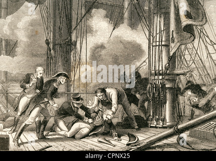 Horatio Nelson (1758-1805). British vice-ammiraglio. La morte di Nelson nella battaglia di Trafalgar, 1805. Incisione. Foto Stock