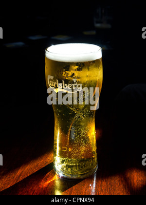 Birra - Una pinta piena di Carlsberg lager luccicante nella luce del sole Foto Stock