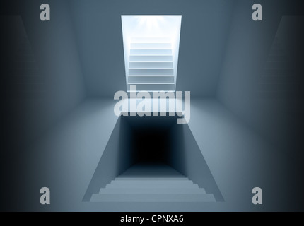 Blue abstract architettura interni con illuminazione e scala scura di portali Foto Stock
