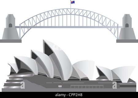 Sydney Australia Skyline Landmarks Harbour Bridge e Opera House illustrazione Foto Stock