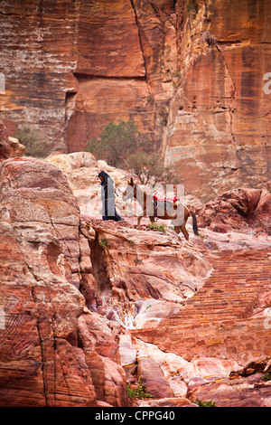 Bedouin salendo dalla strada delle facciate per l'alto luogo del sacrificio (Al-Madbah), Petra, Giordania, Asia Occidentale Foto Stock