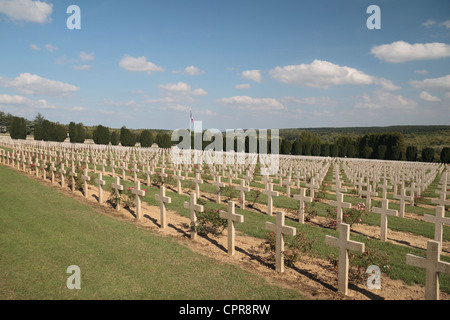 Vista generale oltre il francese Cimitero Nazionale di fronte all'Ossario Douaumont, vicino a Fort Douaumont, vicino a Verdun, Francia. Foto Stock