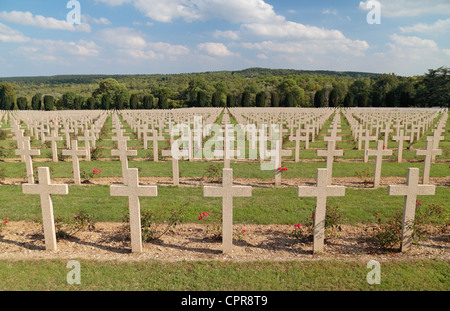 Vista generale oltre il francese Cimitero Nazionale di fronte all'Ossario Douaumont, vicino a Fort Douaumont, vicino a Verdun, Francia. Foto Stock