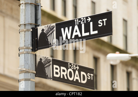 Un cartello stradale per Wall Street e Broad Street, nel cuore del quartiere finanziario di New York City. Foto Stock