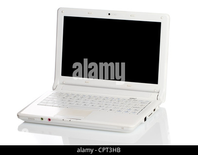 Aprire bianco portatile con schermo nero su sfondo bianco Foto Stock