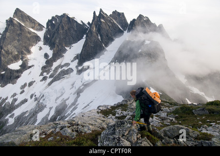 Backpacker femmina sulla cresta con la nebbia, Picket Pass, Parco Nazionale delle Cascate del Nord, WA, Stati Uniti d'America Foto Stock