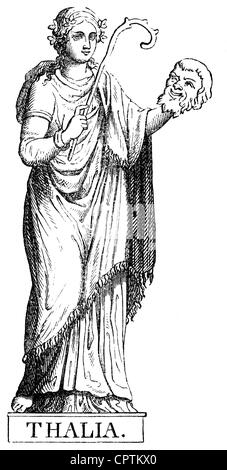 Muse, protettori delle belle arti della mitologia greca, Thalia, musa sulla commedia e poesia idilliaca, incisione in legno, 19th secolo, Foto Stock