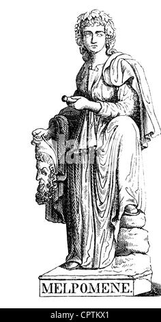 Muse, protettori delle belle arti della mitologia greca, Melpomene, musa della tragedia, incisione del legno, 19th secolo, Foto Stock