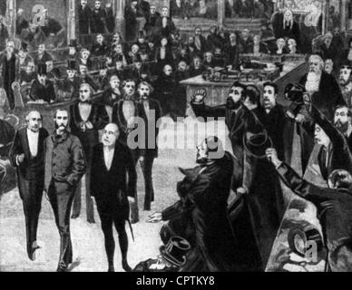 Parnell, Charles Stewart, 27.6.1846 - 6.10.1891, politico irlandese, a tutta lunghezza, è rimosso dal parlamento britannico insieme ad altri rappresentanti irlandesi, illustrazione contemporanea, 19th secolo, Foto Stock