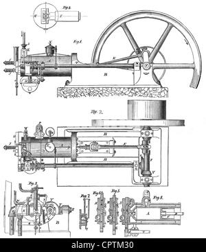 Otto, Nicolaus Agosto, 14.6.1832 - 26.1.1891, ingegnere tedesco, il suo motore a gas, illustrazione schematica, incisione in legno, 19th secolo, Foto Stock