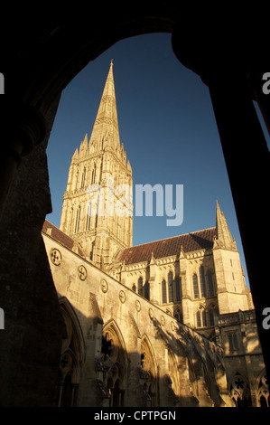 L'elegante campanile della cattedrale di Salisbury rivolta verso il cielo, visto attraverso un arco dal chiostro. Wiltshire, Inghilterra. Foto Stock