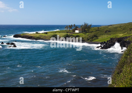 Hawaii Maui, Pilani Highway, Huialoha chiesa, 1890, sulla penisola di roccia vulcanica nera Foto Stock