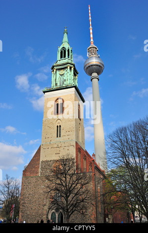 Berlino, Germania. Fernsehturm / torre televisiva (1969; 365m/1197ft alta) Marienkirche / Chiesa di Santa Maria (14thC) Foto Stock