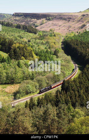 Un treno a vapore sul NYMR threading attraverso Newtondale valle ghiacciate prese da Skelton Tower, North Yorkshire Moors, Inghilterra Foto Stock