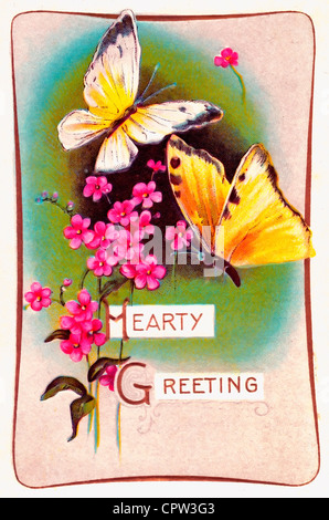 Cordiale saluto - vintage card con farfalle e fiori Foto Stock